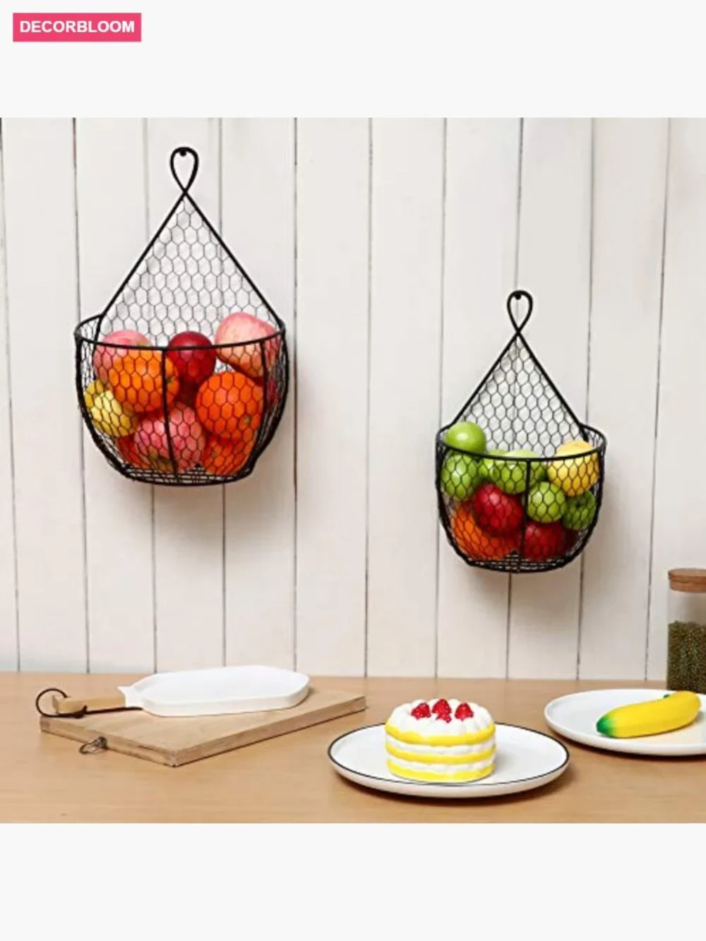 Set of 2 Black Wire Wall Mounted Storage Baskets for Kitchen Fruits Veggies